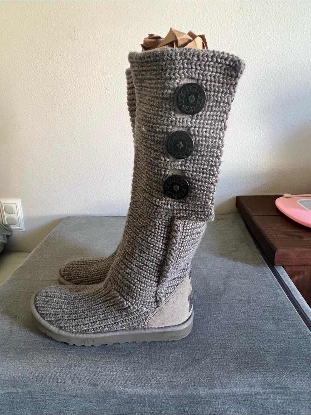 Women’s UGG Knee-High Knit Button Boot in Taupe - Classic Comfort size 7
